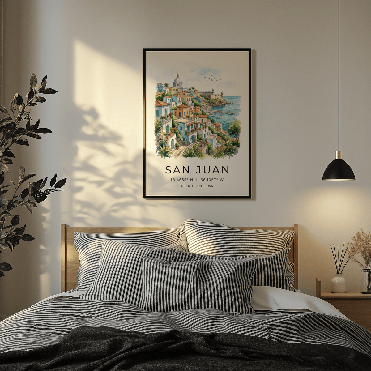 San Juan Art Print with domed building above colorful rooftops by the ocean