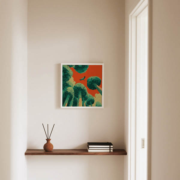 Bird in Flight Wall Art featuring Green trees and Red sky for bedroom