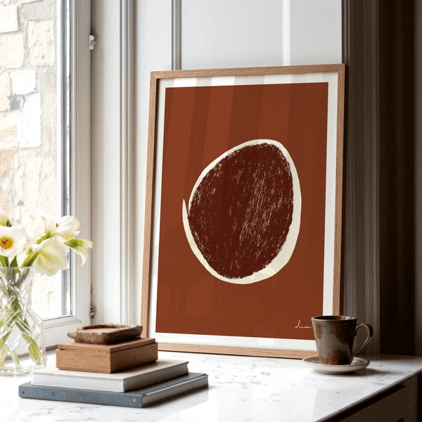 Graphic abstract poster print with scratch-textured oval and halo outline