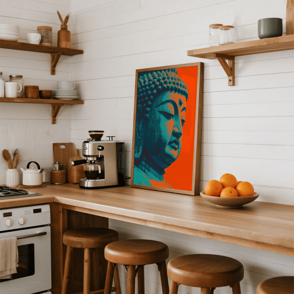 Colorful Buddha Wall Art, meditation space art print in red and blue