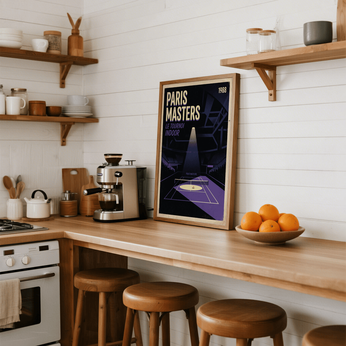 Paris Masters Art Print featuring Le Tournoi Indoor text, 1988 date, and tennis court in a dark arena