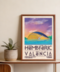 Detail of Valencia City Art Print with geometric windows and streetlight glow