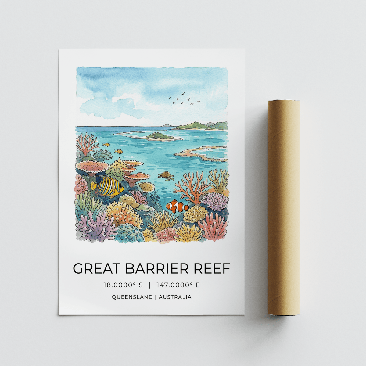 Seascape wall art print with layered corals in the foreground and open water behind