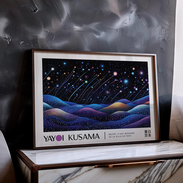 Vibrant landscape prints with shooting stars over artistic terrain for wall art