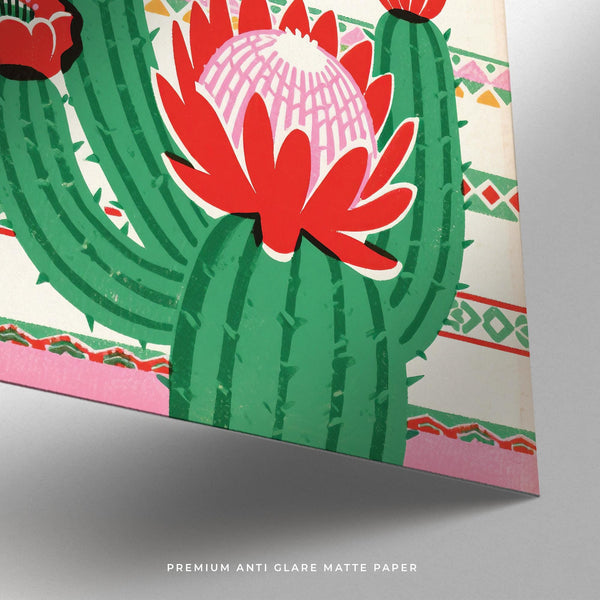 Bold green cactus with red flowers in Mexican Folk Art Print.