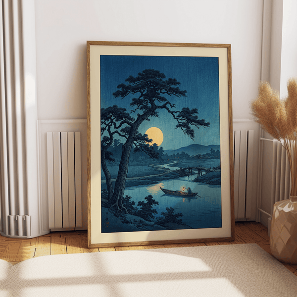 Moonlight Print wall art showing full moon over winding river and boat