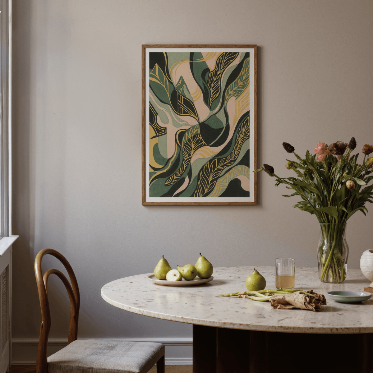 Artistic Abstract Leaf Art Print featuring black and beige for workspace
