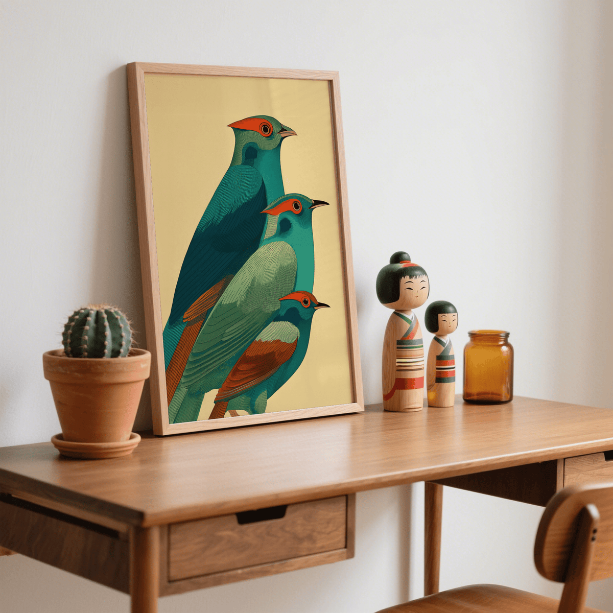 Illustrated bird print with three stacked silhouettes, detailed wing linework, and a minimal backdrop