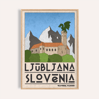 Framed Ljubljana Slovenia art print with a green dragon on a castle tower and mountains