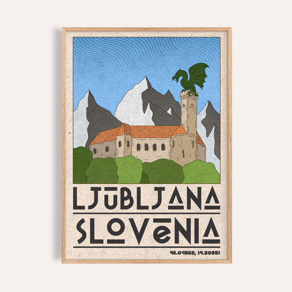 Ljubljana Slovenia Art Print showing castle tower and dragon statue against mountains