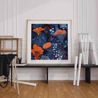 Japanese Blue Orange Wall Art influenced by Yayoi Kusama’s signature dot style.