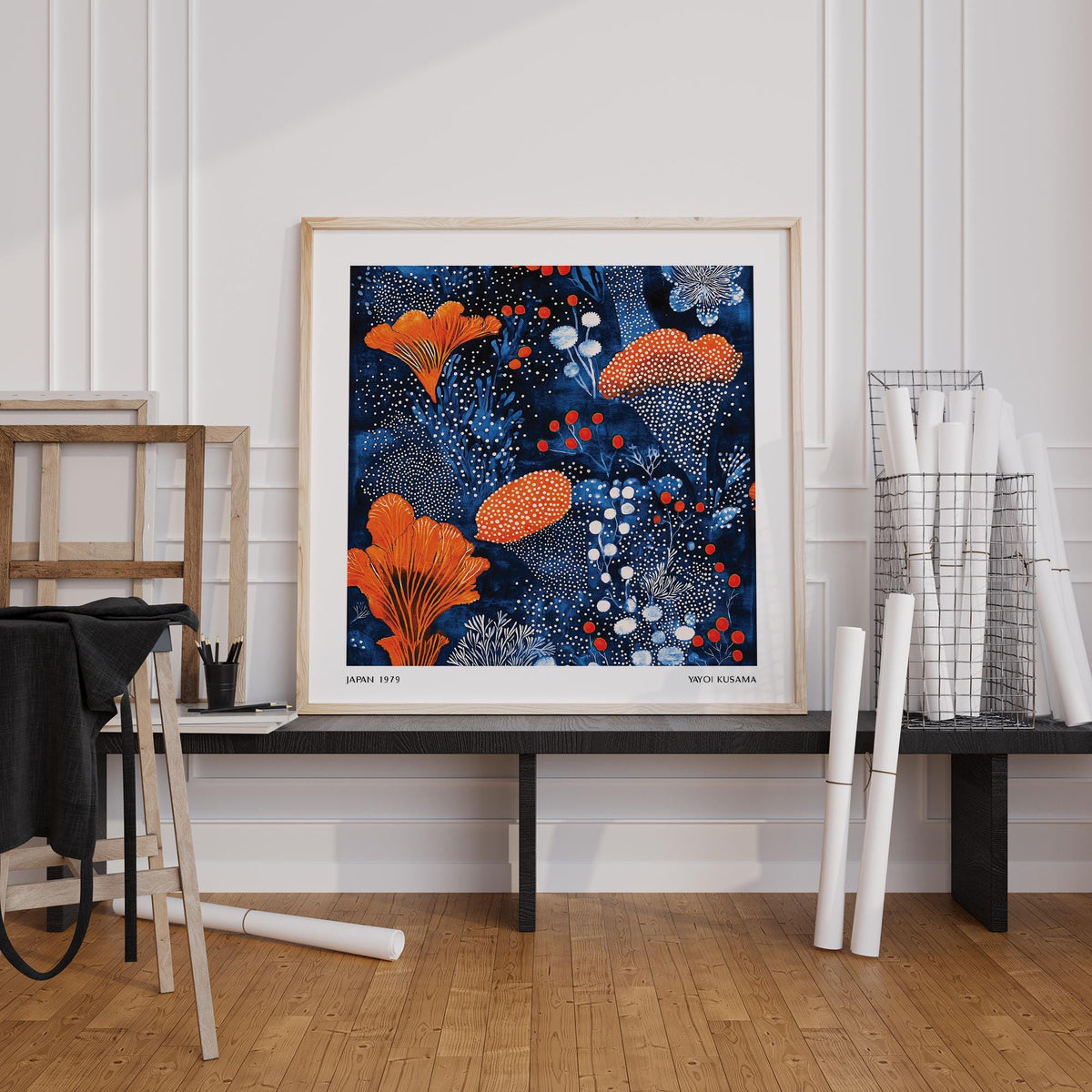 Japanese Blue Orange Wall Art influenced by Yayoi Kusama’s signature dot style.