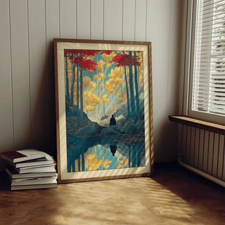 Symmetrical woodland print featuring trees framing a calm pool and rocky foreground