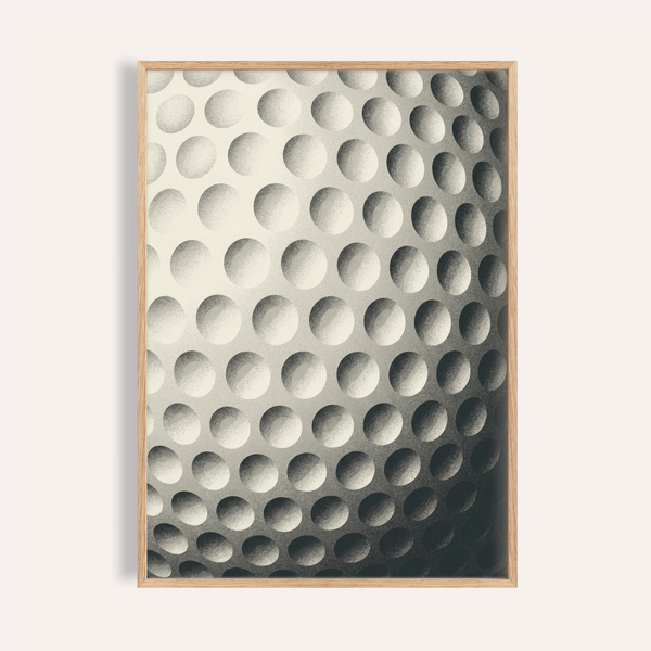 Close-up golf ball dimple pattern wall art print with grainy shading