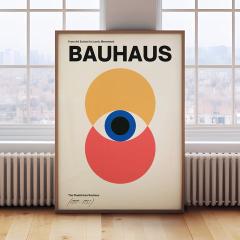 Modern Bauhaus-inspired wall art with colourful geometric design for living room decor.