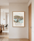Landscape Budapest poster print with river water washes and clustered rooftops
