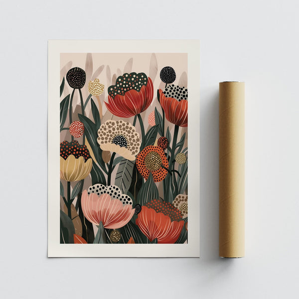 Cream and red poppy petals in art with poppies inspired by Kusama