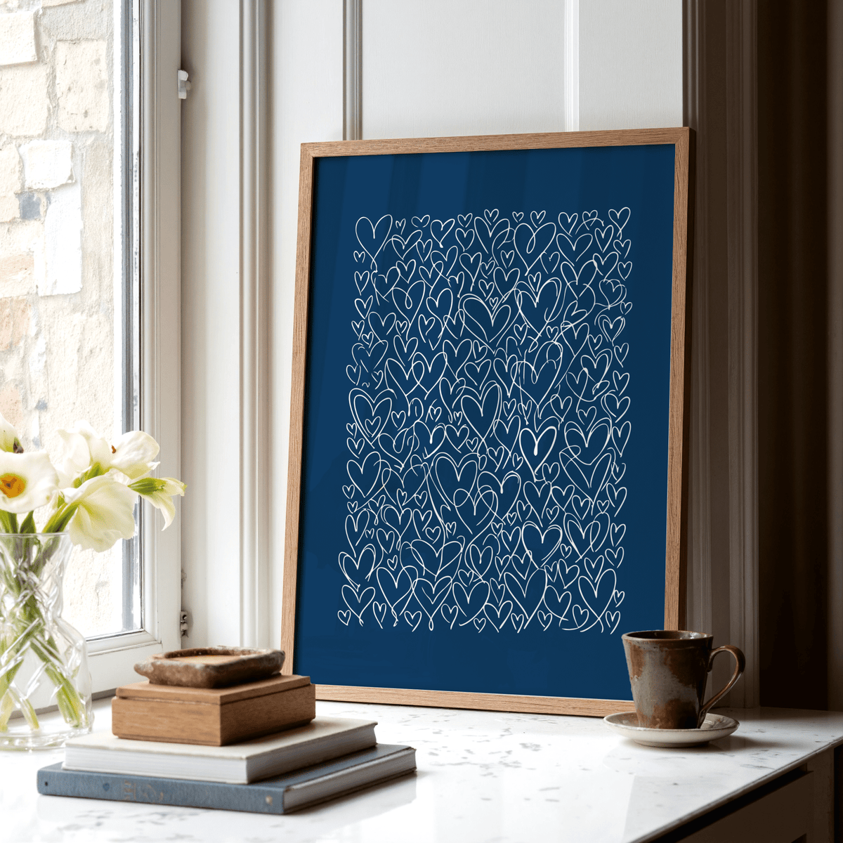 Art with Hearts print, Blue and Beige, ideal for living room décor