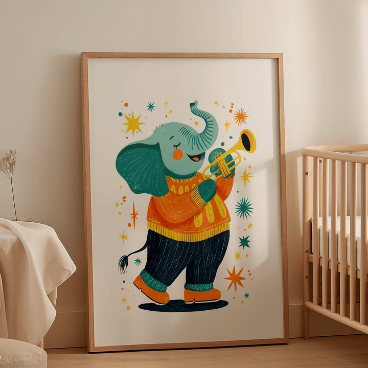 Musical Animal Poster print of an elephant playing trumpet with bright colours next to a baby cot