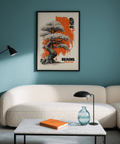 Cherry Blossom Tree Poster, Orange floral details, Black branches, for hallway