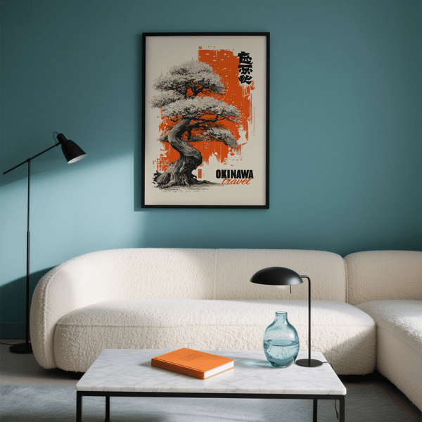 Cherry Blossom Tree Poster, Orange floral details, Black branches, for hallway