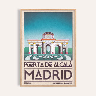 Featuring Puerta de Alcalá arch illustration, Madrid Architecture Poster wall art with bold MADRID typography