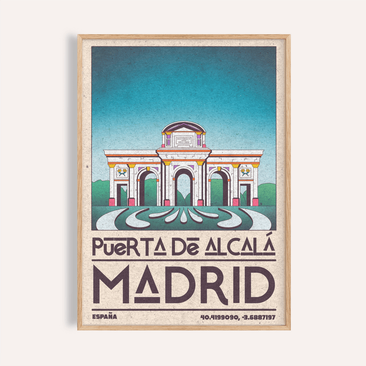 Featuring Puerta de Alcalá arch illustration, Madrid Architecture Poster wall art with bold MADRID typography