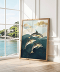 Dolphins Poster with blue gold, suitable for entryway art print