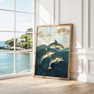 Dolphins Poster with blue gold, suitable for entryway art print