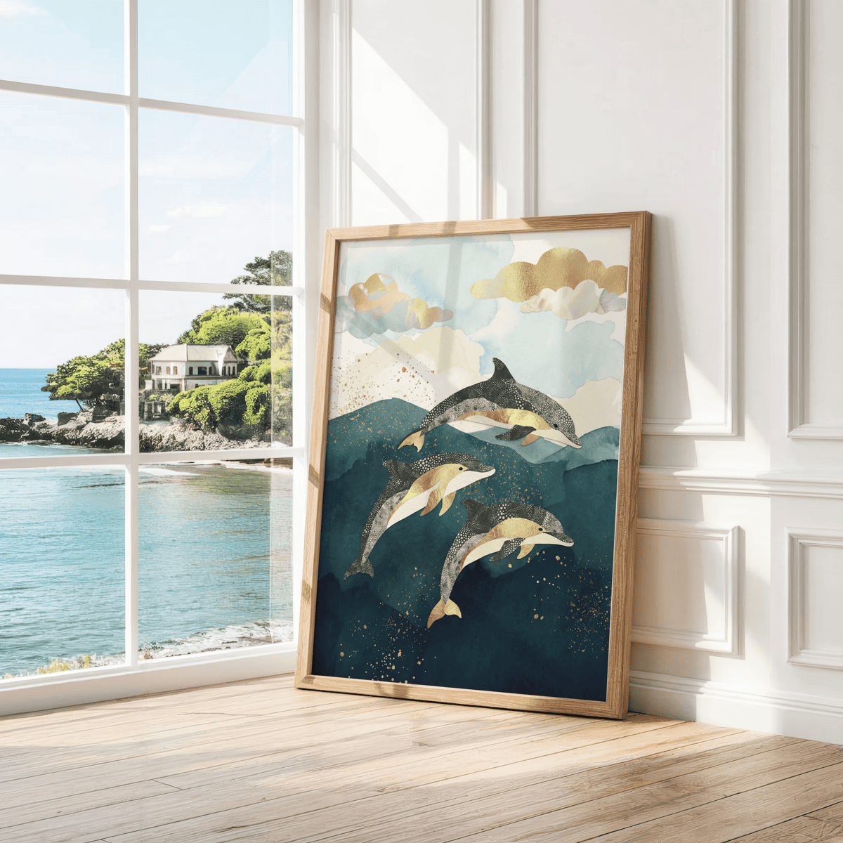 Dolphins Poster with blue gold, suitable for entryway art print