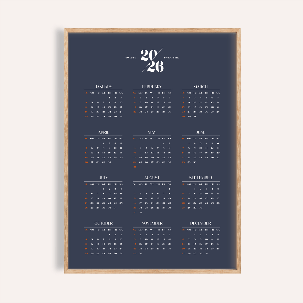 Minimalist Calendar art print in Blue and White for home office