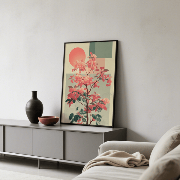 Abstract Flower Print with orange and beige accents for contemporary living space