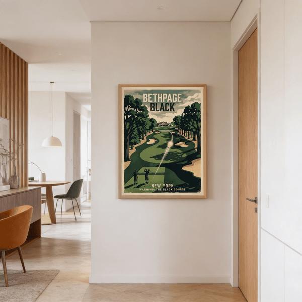 Aerial angle golf artwork with winding fairway and bunker shapes