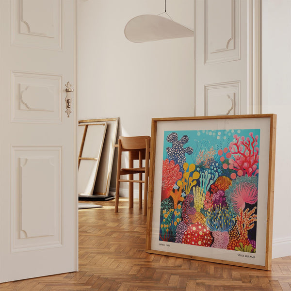 Under sea poster showing marine plants and sea sponges in bright dotted designs.