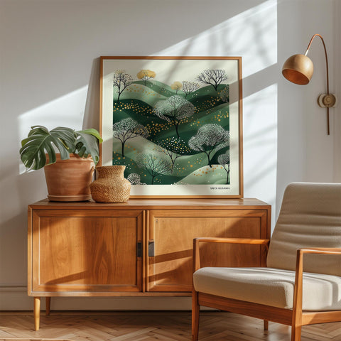 Abstract landscape wall art with dotted tree design.