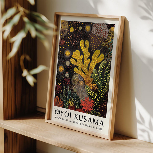 Abstract coral reef painting with marine patterns and warm tones.