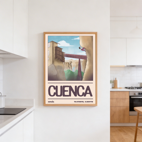 Graphic wall art print of a climber scaling a steep cliff next to an elevated walkway