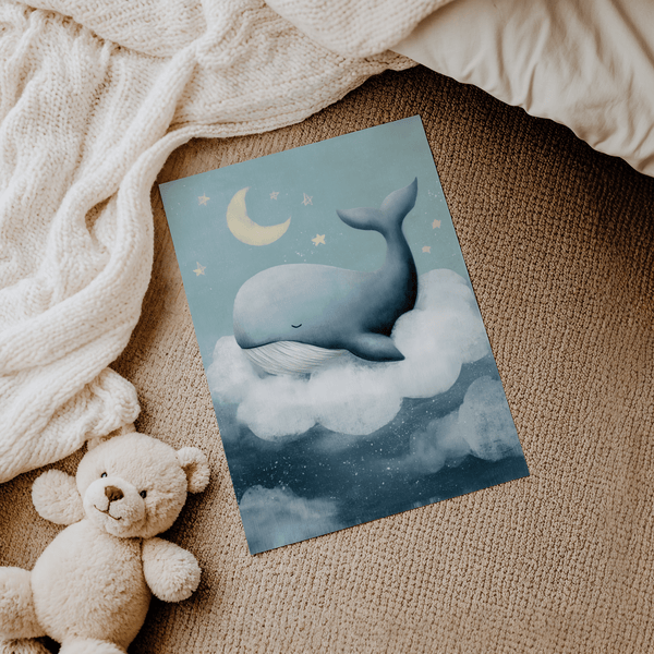Serene Whale Nursery Wall Art in blue and white for bedroom decor