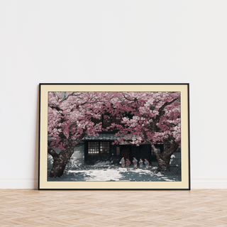 Layered linework on tree limbs and receding facade in Japanese print