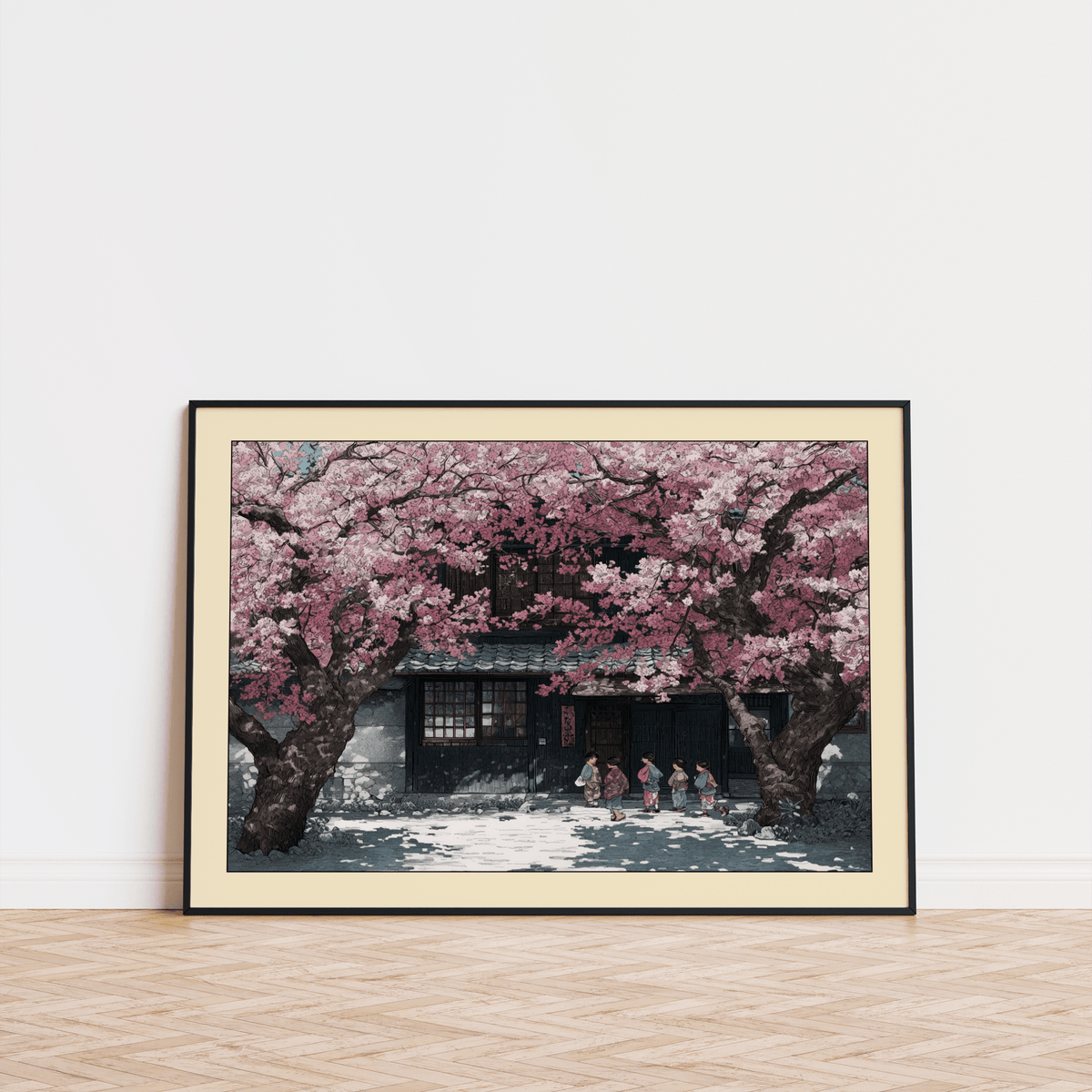 Layered linework on tree limbs and receding facade in Japanese print