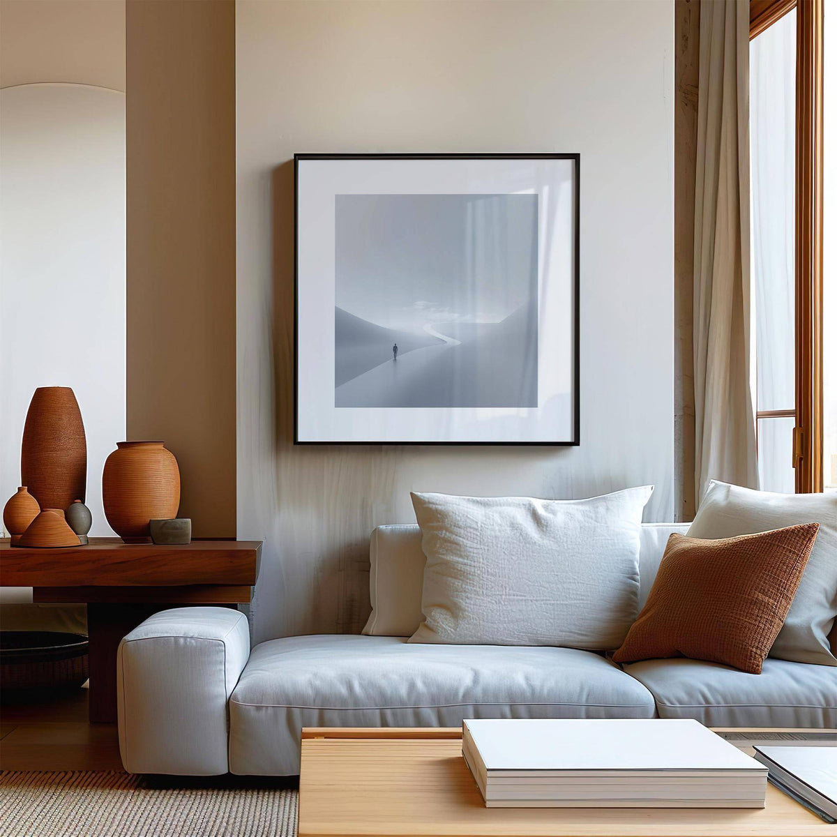 Spiritual path theme in minimalist gray and white wall art
