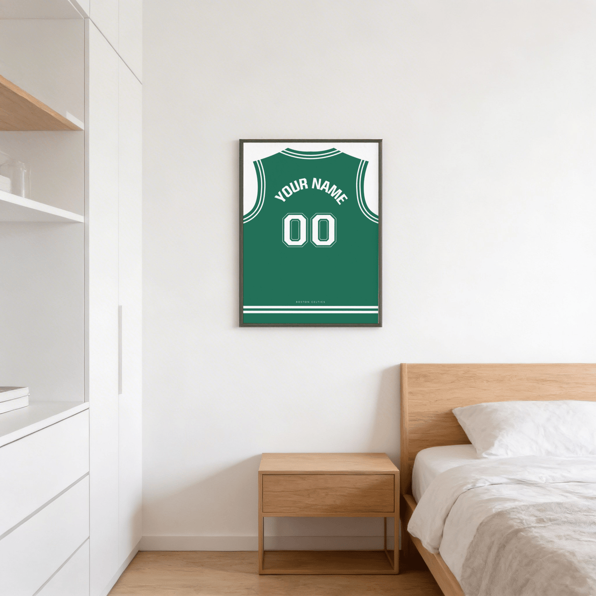 Minimal jersey-back wall art print showing arched YOUR NAME text and double-zero number