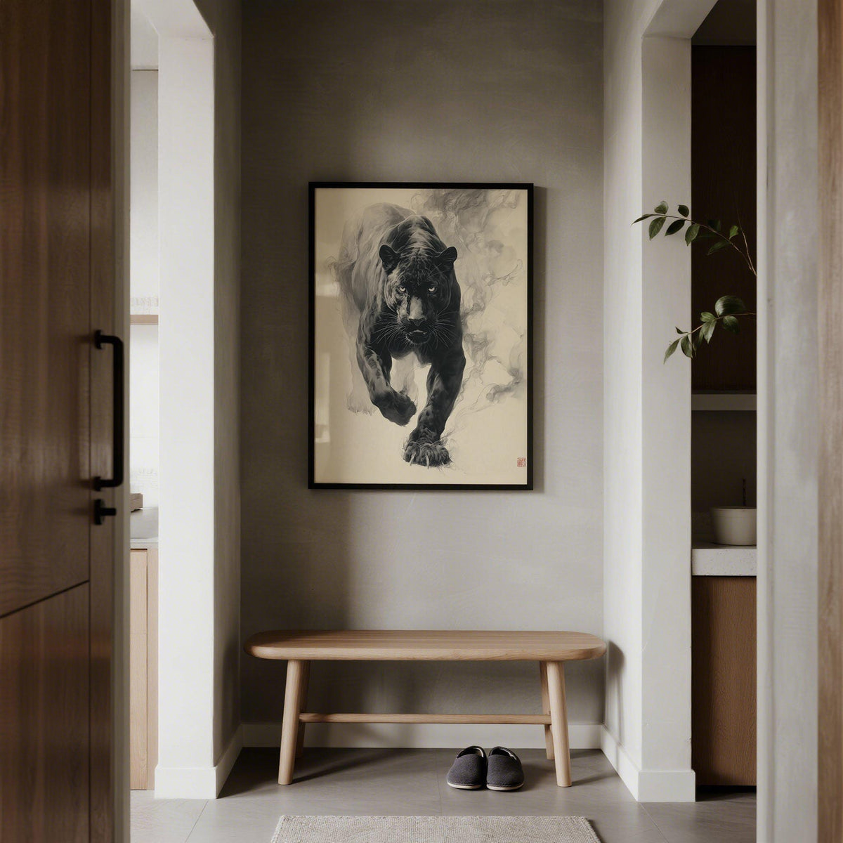Traditional Japanese ink art black panther print for wall décor.