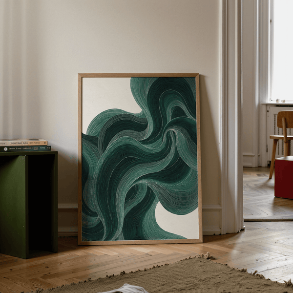 Green Wavy Poster with calming green, beige colors, and flowing forms for hallway