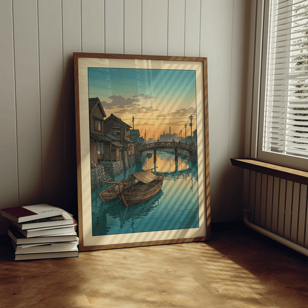 Vertical view of small bridge crossing tranquil Japanese canal