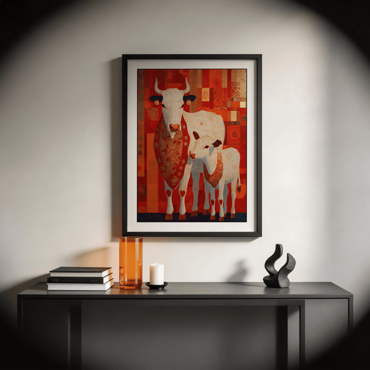 Calf wearing patterned shawl beside cow, viewed in warm color palette