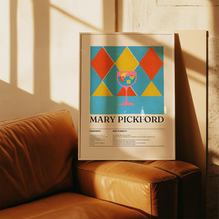 Stylized pink drink glass in a Mary Pickford cocktail print for kitchen decor.