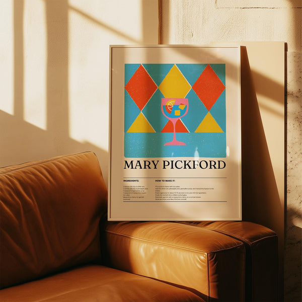 Stylized pink drink glass in a Mary Pickford cocktail print for kitchen decor.