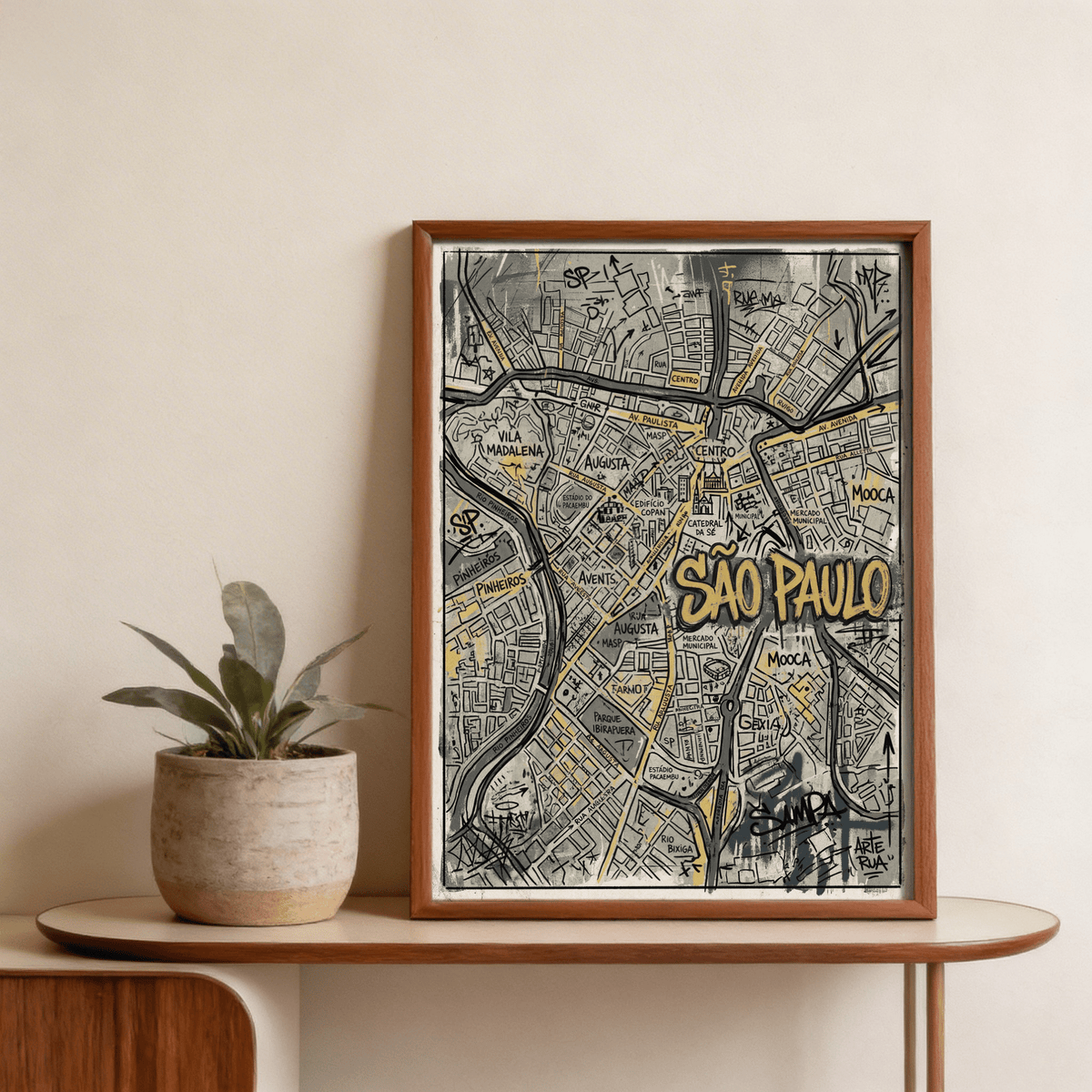 Angled view of Sao Paulo map poster highlighting dense grid lines and road markings