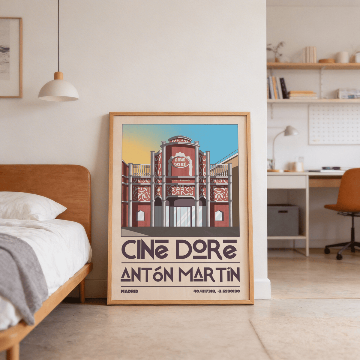 Centered architecture wall art print of Cine Doré cinema facade with symmetrical balcony railings
